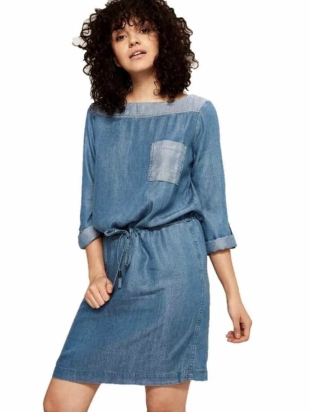 Chambray  Dress Drawstring Waist Size M Tencel​  Casual Coastal Grandma Chic
